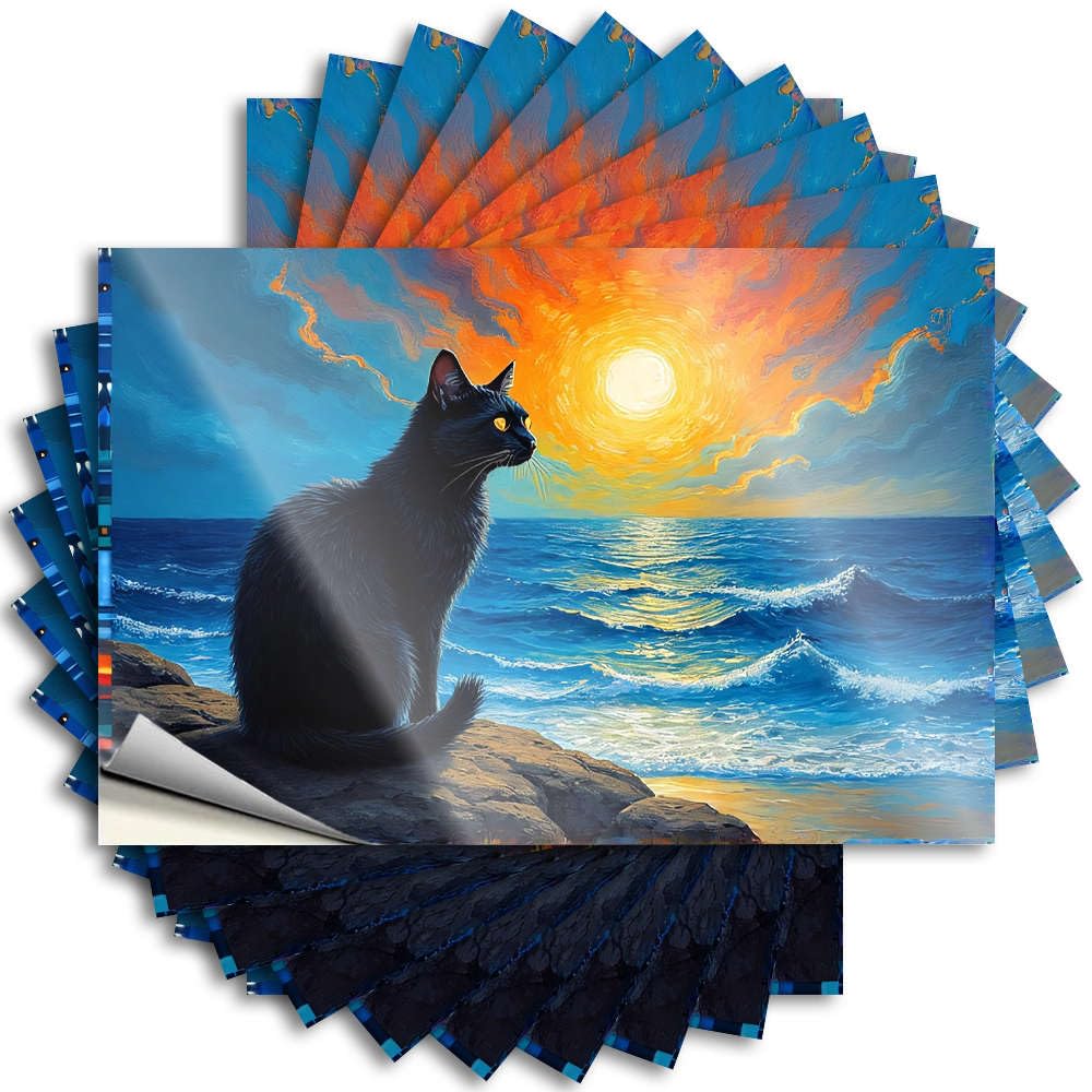 Backyard Bar Decor Fun Stickers - A Black Cat Sits On Rocks, Gazing At A Vibrant Sunset Over The Ocean. Removable Decal Water Easy Peel for Stone(12X18CM)