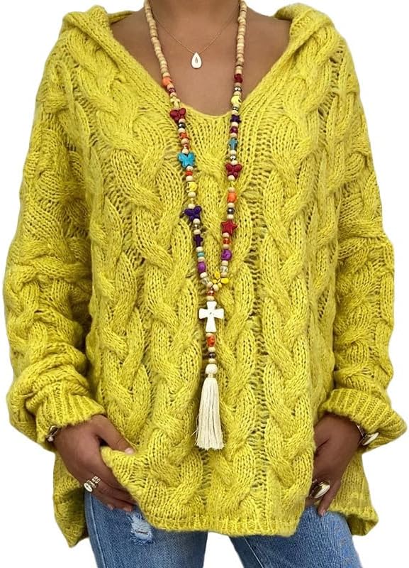 Akivide Women’s Oversized Chunky Cable Knit Pullover Hooded Sweaters V Neck Long Sleeve Loose Hoodies