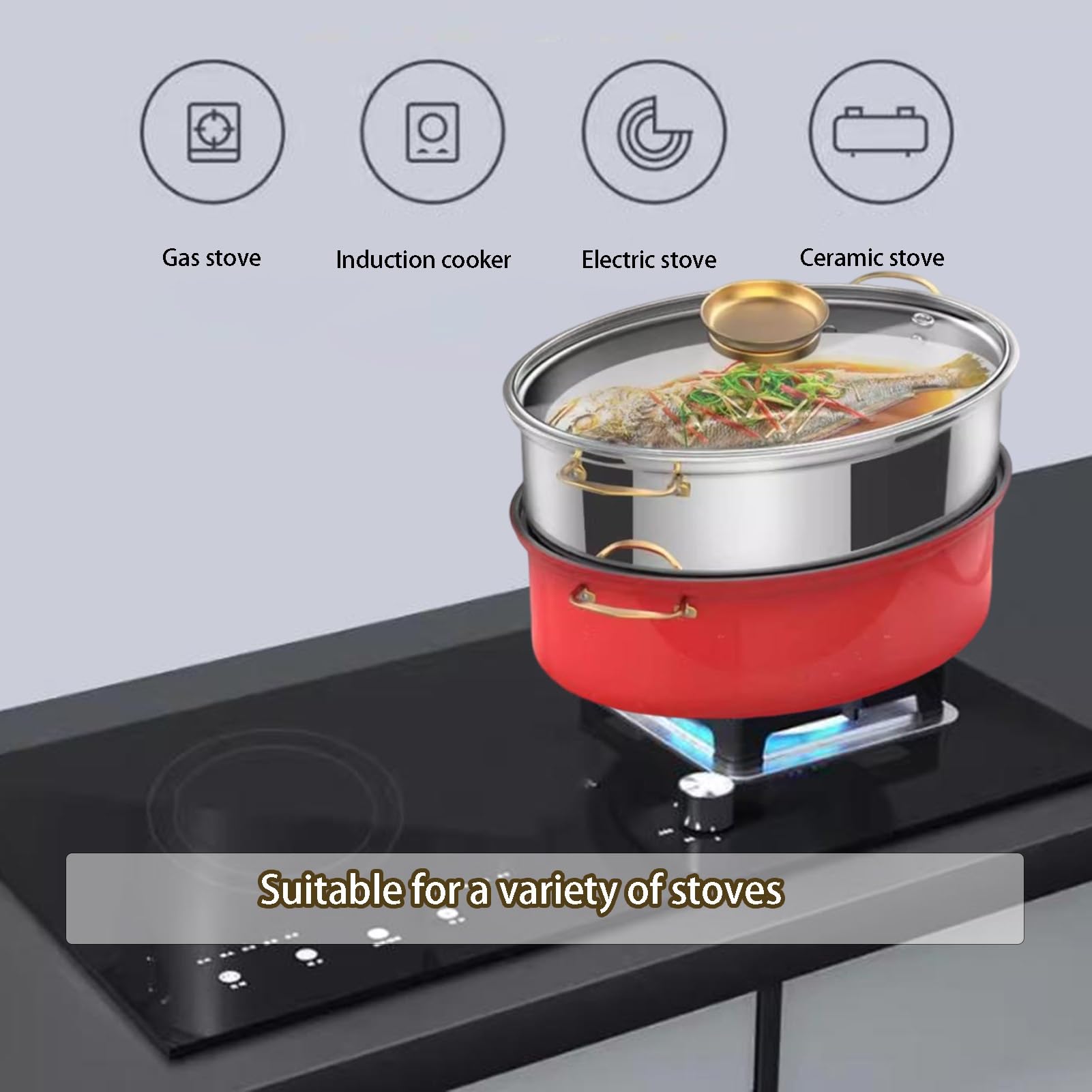 Pentola a vapore per pesce, in acciaio inox, multiuso, per cuocere a vapore pesce e frutti di mare, pentola versatile con griglia per uso domestico
