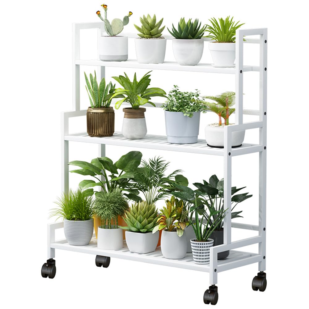 Soporte para plantas de metal, 3 niveles, gran capacidad, estantería para plantas con 4 ruedas, estantería multifuncional para flores para exterior, interior, balcón, jardín, salón (blanco)