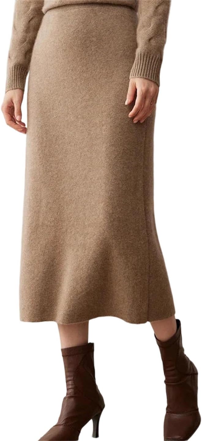 Women's Fall Winter Cashmere Knitted Skirt Office Style Basic Fit High Waist Straight Long Skirt