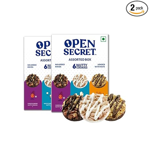 Open Secret Multi Flavor Story Box | 2 Assorted Story Box with Choco Almond, White Choco Cashew & Peanut Butter Nutty Cookies|No Added Maida| Family Snacks Biscuit | 12 Cookies (6 Cookies Per Box) | 150g