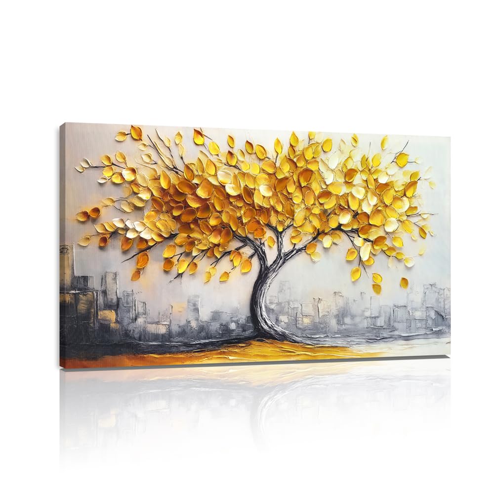 Gold Tree Canvas Wall Art: Large Yellow and Gray Tree Pictures for Wall Decor Nature Painting for Bedroom Living Room Office Home Decorations Framed and Ready to Hang 40" L X 20" W