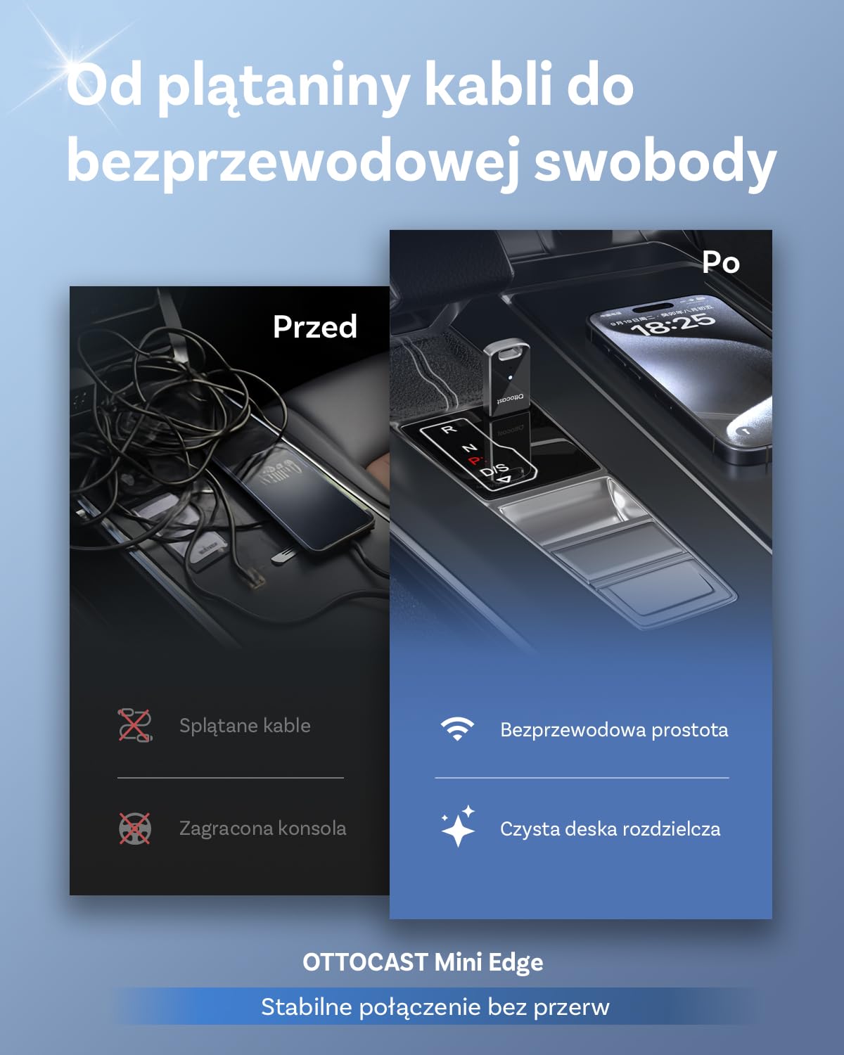Ottocast Mini Edge 2025 ulepszony, bezprzewodowy adapter CarPlay & Android Auto 2 w 1 dla iOS 10+ i Android 11+, obsługa wielu użytkowników, zamienia przewodowe CarPlay/Android Auto na bezprzewodowe