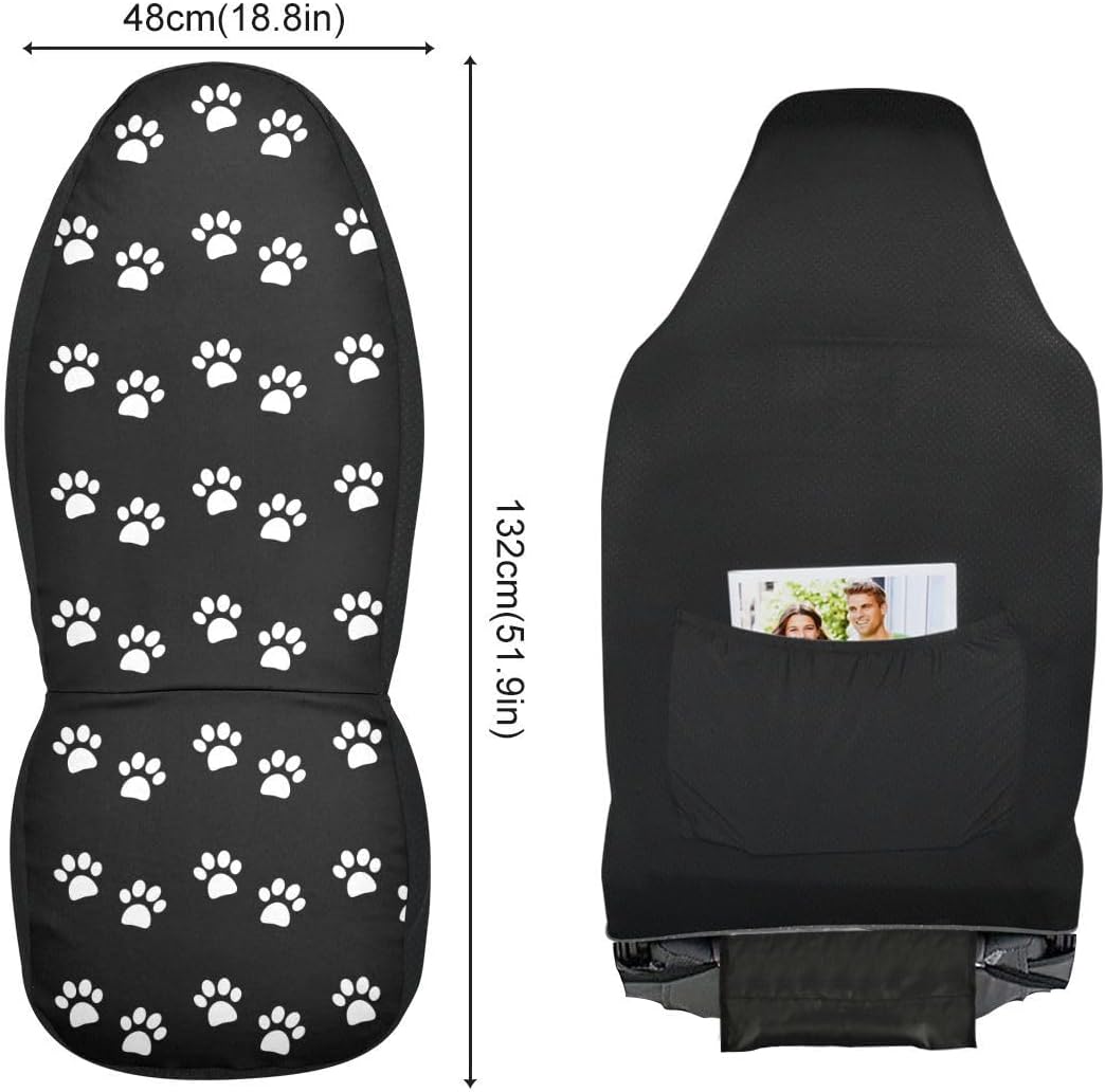 Paw Print Car Seat Covers Set of 2,White Animal Pet Claws on Black Background Universal Auto Front Seat Cushion Protector for Women Cute Animal Footprints Car Accessories Fit for Car Truck