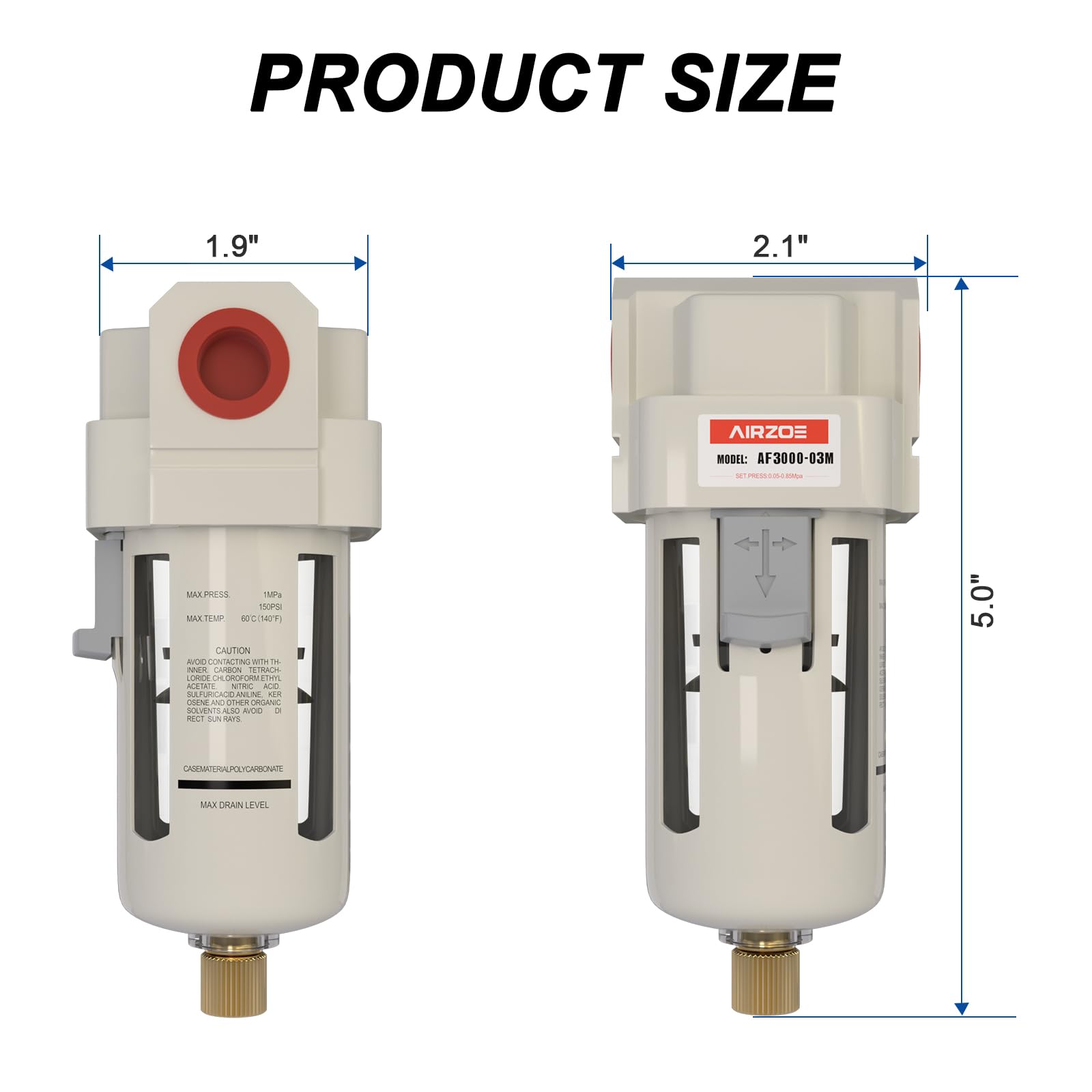 AIRZOE 3/8" NPT Compressed Air Filter, Semi-Auto Drain,0-150psi, AF3000-03 — Amazon image 2