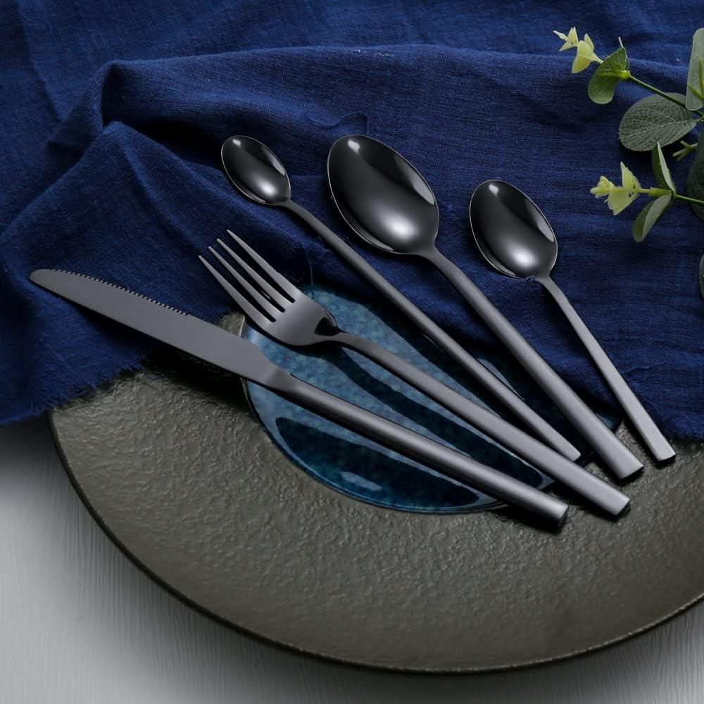 Stainless steel silverware, 30-Piece Black Stainless Steel Cutlery Set for 6 People | Dishwasher Safe Silverware