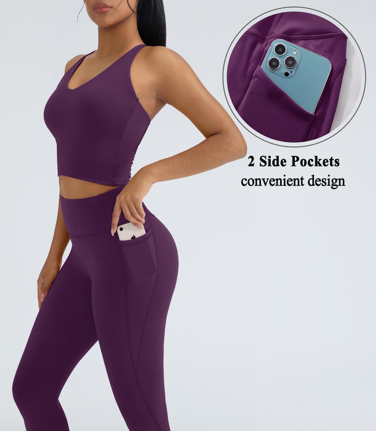 OMKAGI 2 Piece Workout Sets for Women Padded Workout Tops Booty Leggings with Pockets Gym Sets - Image 4