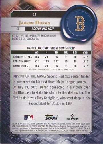 Miniatura 2 de 2022 Topps Gold Label Class 1#15 Jarren Duran Boston Red Sox Rookie Baseball Card - GotBaseballCards