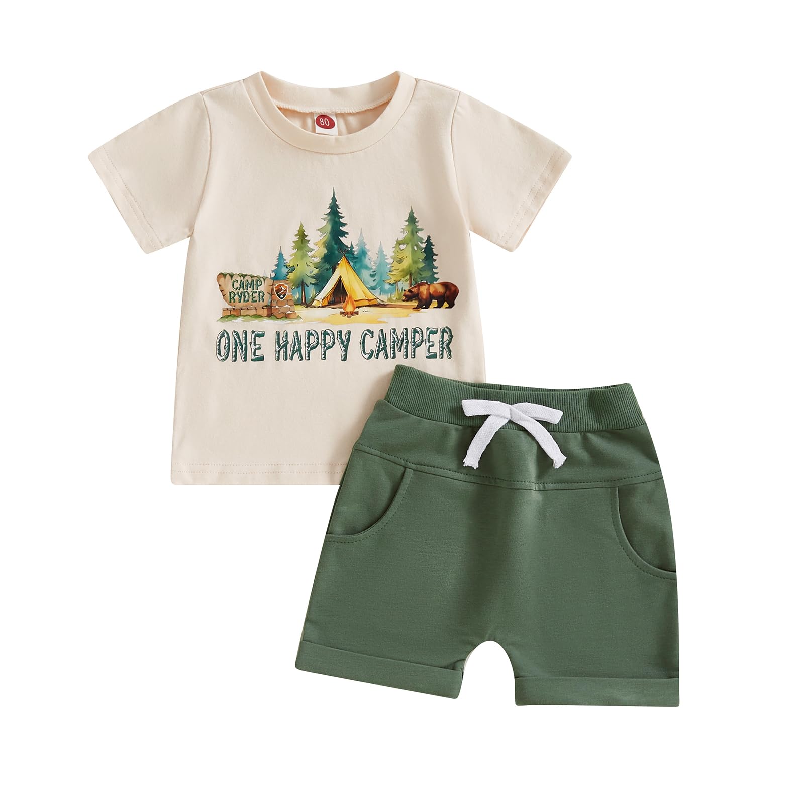 Baby Boy First Birthday Outfit Short Sleeve One Happy Camper T-Shirt Solid Shorts Set Infant Summer Cake Smash Clothes (Beige, 12-18 Months)