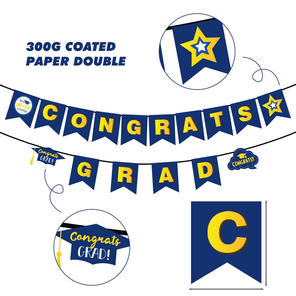 Congrats Grad Banner,2024 Blue and Gold Graduation Celebration Bunting Star Graduation Caps Congrats Grad Bunting Banner Sign for School College Home 2024 Graduation Party Decoration Supplies - Image 2