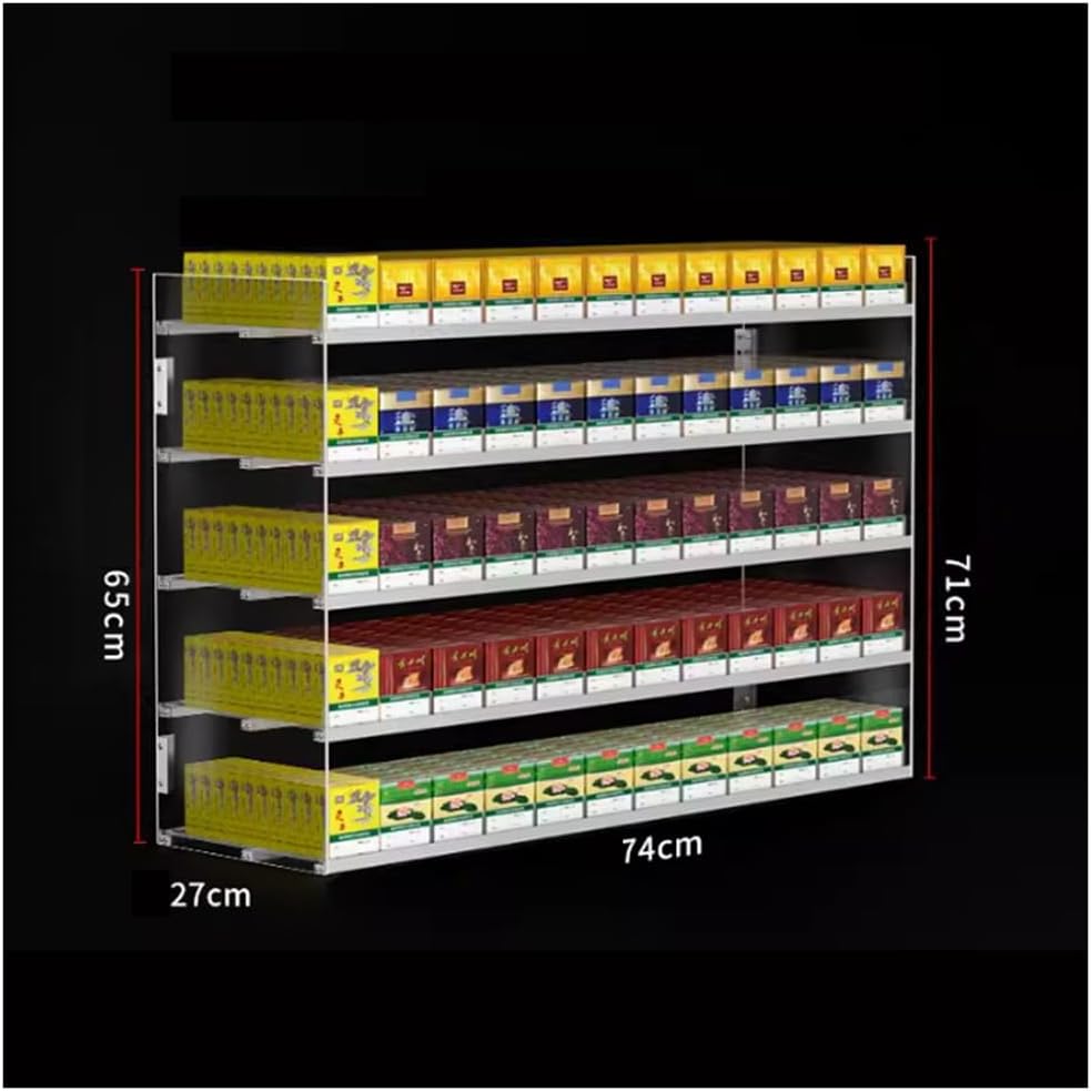 Acrylic Wall-Mounted Cigarette Organizer Holder, Automatic Pusher Display Rack, Clear Cigarette Shelf for Retail, Dimensions: 32-92x27x20-95 cm, Ideal for Shops & Convenience Stores