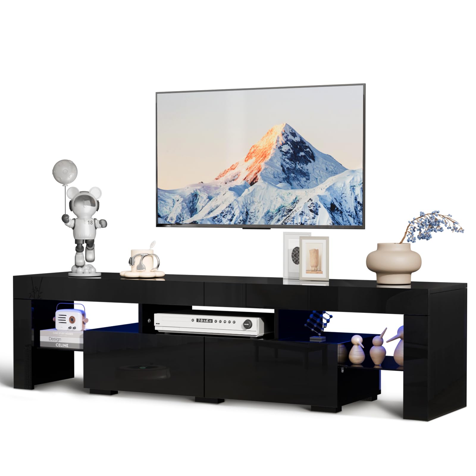 VINGLI LED TV Stand, 63'' High Glossy Modern Entertainment Center with LED Lights and Storage for 55/60/65/70 Inch TV (Black, 63'' x 14'' x 18'')
