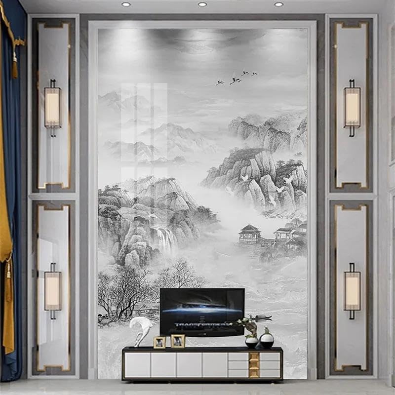 Papier peint 3D montagne style chinois noir et blanc salon chambre mur TV