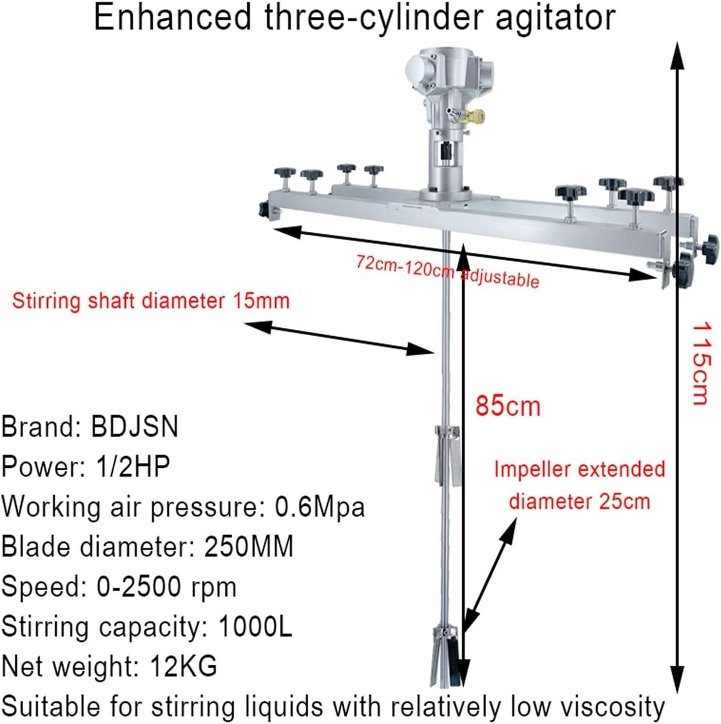 Air Agitator, 0-2500RPM Pneumatic Paint Mixer, 75~120mm Adjustable Paint Stirring Machine, with 10 inch Stainless Steel Stirring