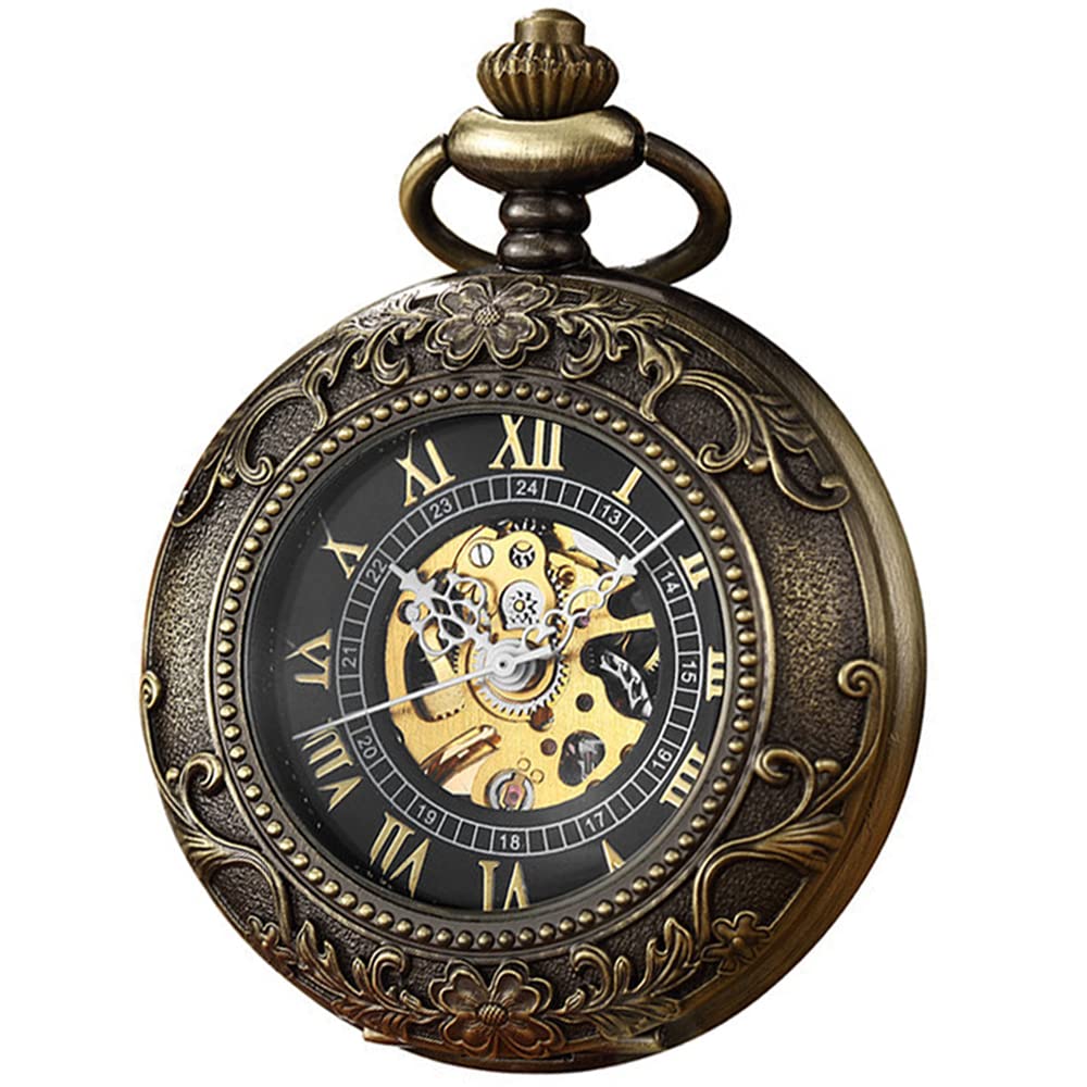 Fashion Skeleton Mechanical Pocket Watch, Antique Roman Numeral Dial Mechanical Pocket Watches for Men with Box