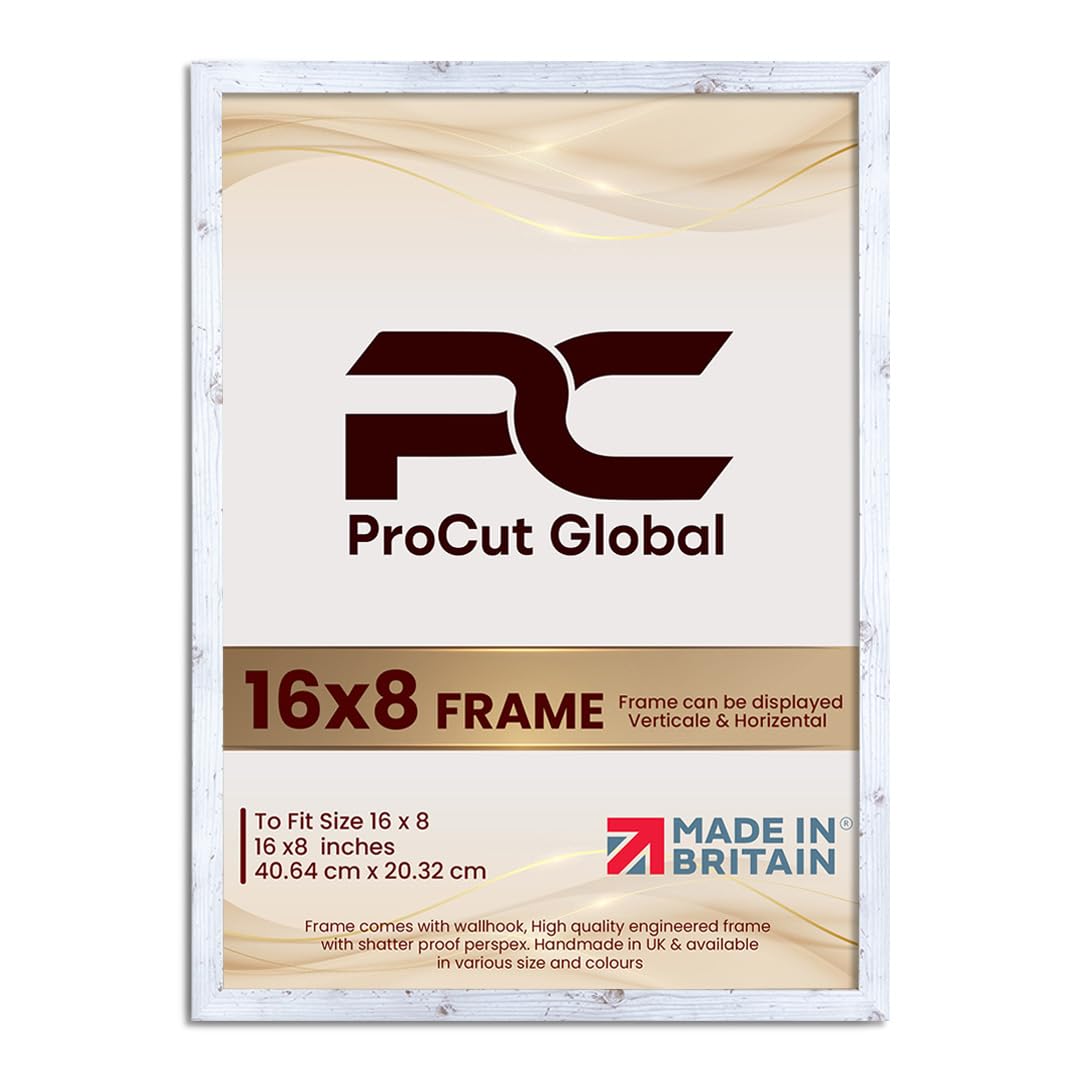 Procut Global 16X8 White Rustic Picture Frames - Modern Wooden Photo Frame with Shatterproof Perspex for Wall or Tabletop - Perfect for Posters, Certificates, Prints - Sizes & Colors Available