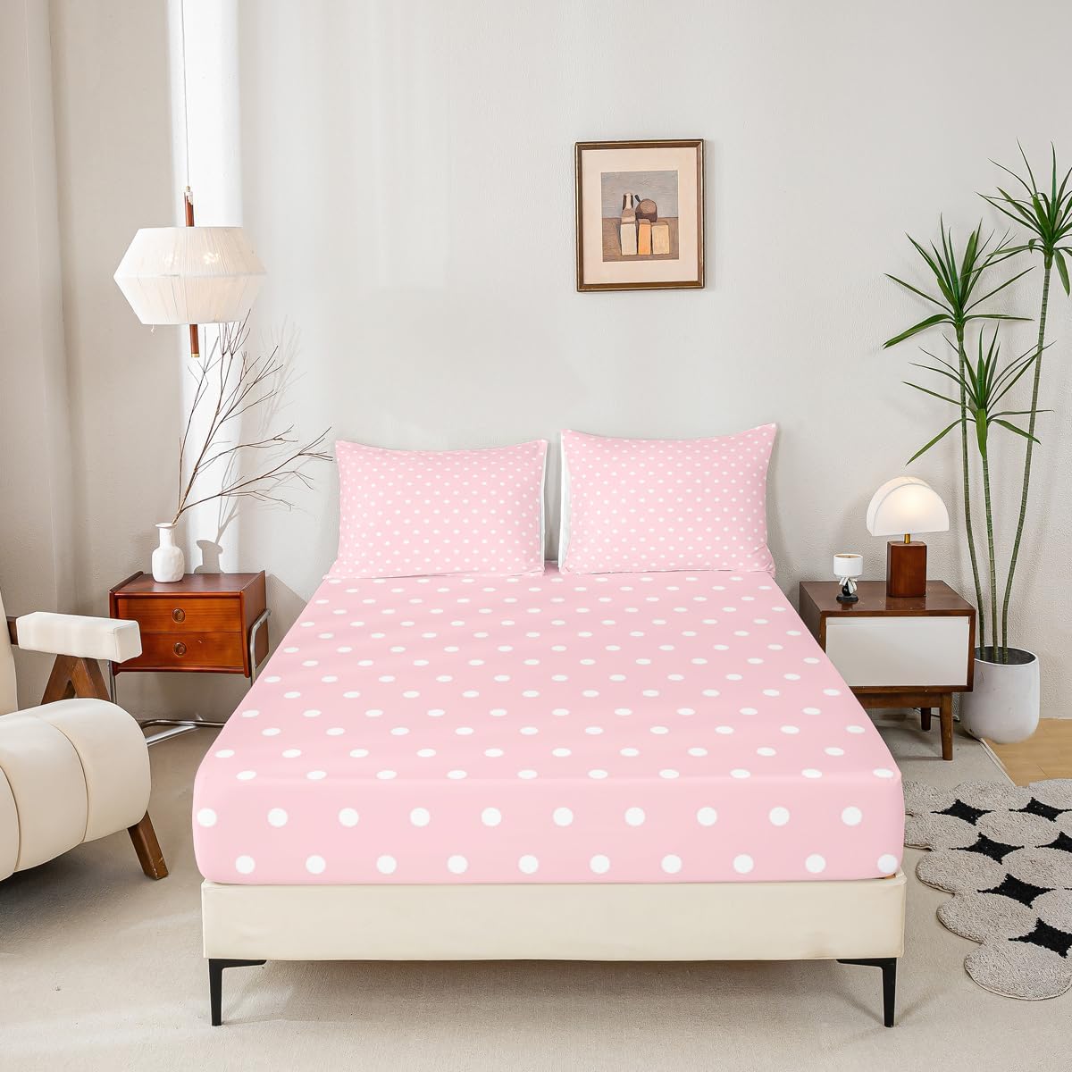 Pink White Fitted Sheet with 1 Pillowcase Twin Size Kids Polka Dots Bed Sheets Set 16" Deep Pocket for Boys Girls Teens Abstract Bedding Breathable Soft Microfiber Modern Room Decor
