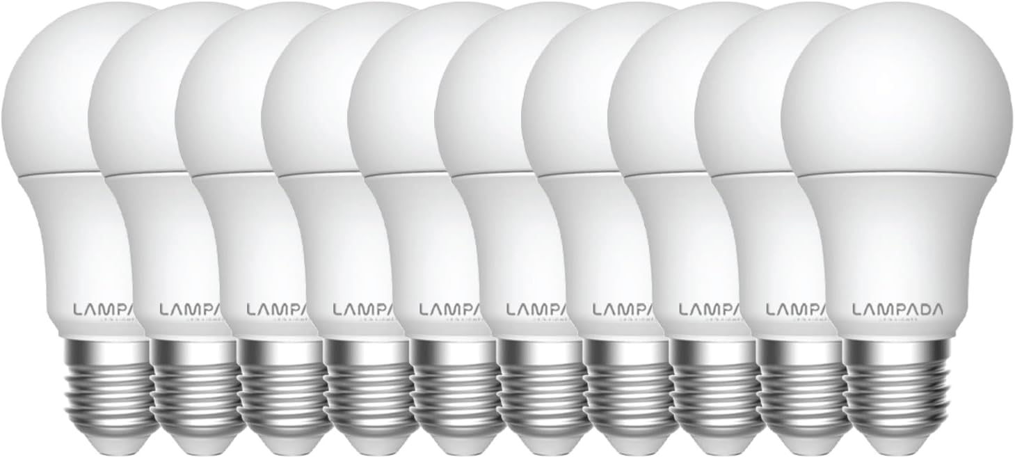 Lampada Non Dimmable LED A19 Light Bulb, 60W Equivalent, 5000K Daylight White, 15,000 Hour Lifetime 800 Lumens, E26 Medium Base, 9W Consumption, Pack of 10