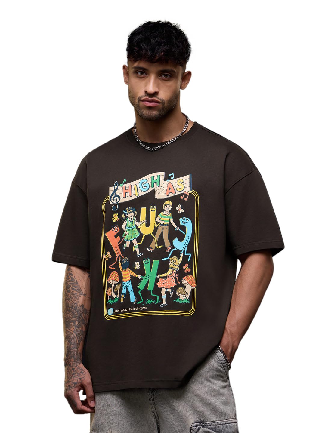 the souled store Steven Rhodes: High AF Men and Boys Short Sleeves Round Neck Dark Brown Graphic Printed Casual Drop Shoulder Lightweight Streetwear Cotton Oversized T-Shirt-picture-11
