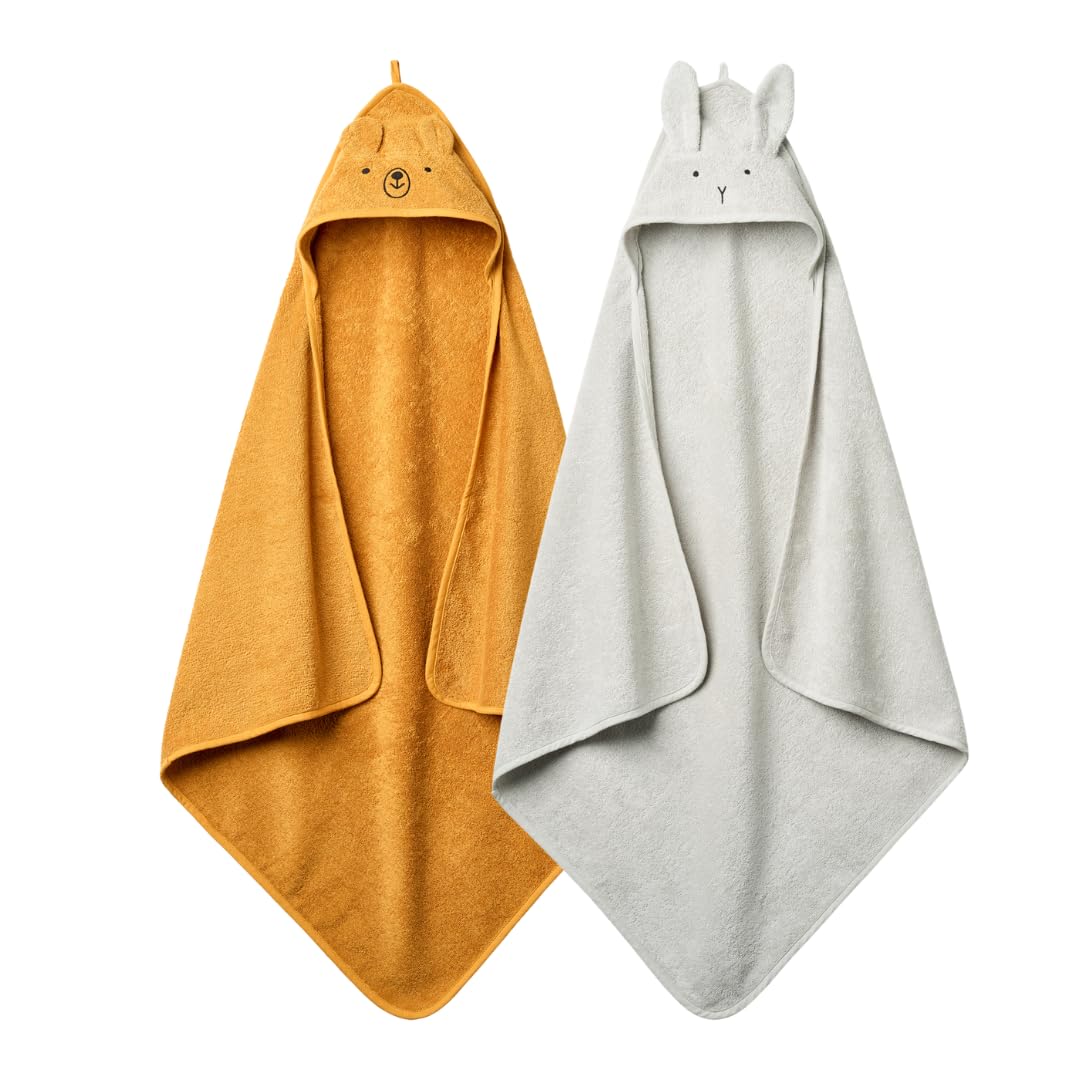 Huxie Baby Hooded Towel – Organic Cotton Baby Bath Towels, 32" x 32" Super-Soft and Absorbent Baby Towels for Newborn 2-Pack (Grey/Yellow)