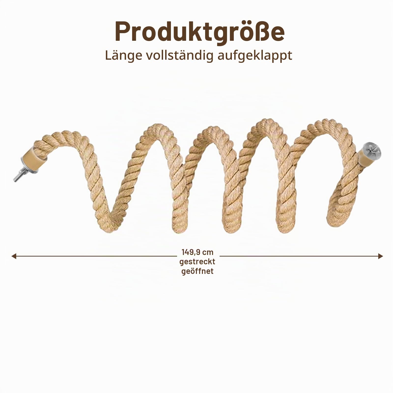 Seil-Sitzstange für Vögel,Vogelkäfig-Kletterseil-Spielzeugzubehör,biegbar,kletternd,biegbares natürliches Jute-Seil mit Kiefernholz und Edelstahlbefestigung,für Sittiche,Wellensittiche(150cm)