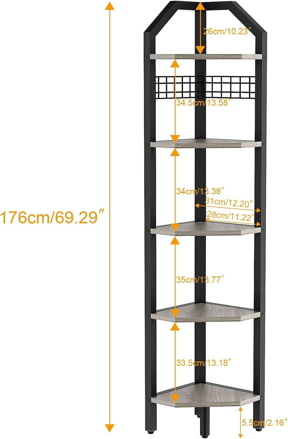 YMYNY 5-Tier Corner Shelf, Freestanding Corner Bookcase with 6 Wooden Clips and 6 S-Hooks, Multi Display Shelf Rack for Living Room, Bathroom, Bedroom, Small Space, Silver Gray, 69" H, UHBR006Y