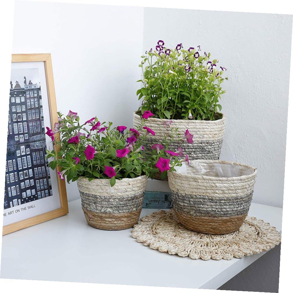 Yardwe 3pcs Hand-Woven Decorative Grass Flower Pot Basket Set Assorted s for Indoor Plants Natural Rustic Storage for Home Decor