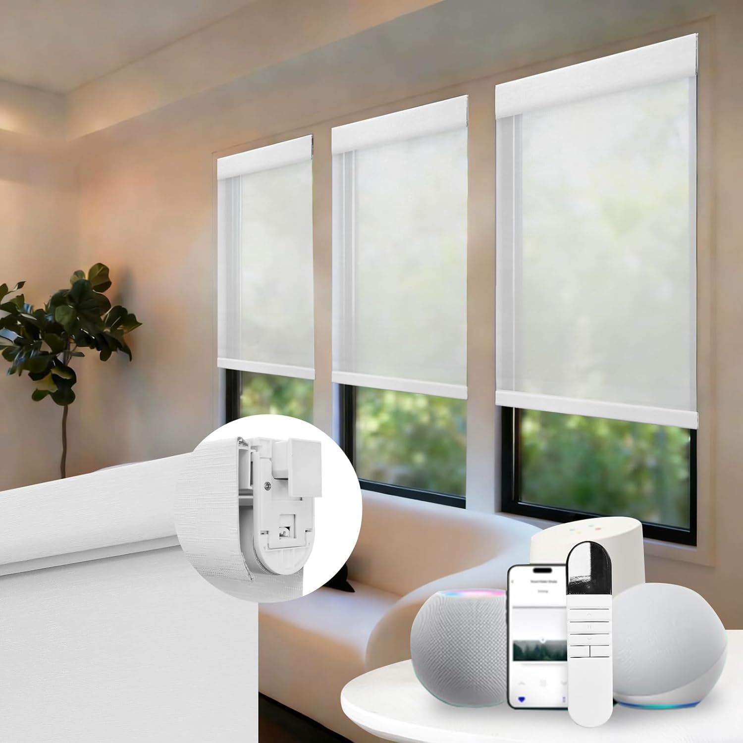 No-Drill Motorized Roller Shade with Remote,Tool-Free Install,Light Filtering Window Blinds, Compatible with Alexa,Google, Quiet Motor for Bedroom Living Room Office,Customized Size,