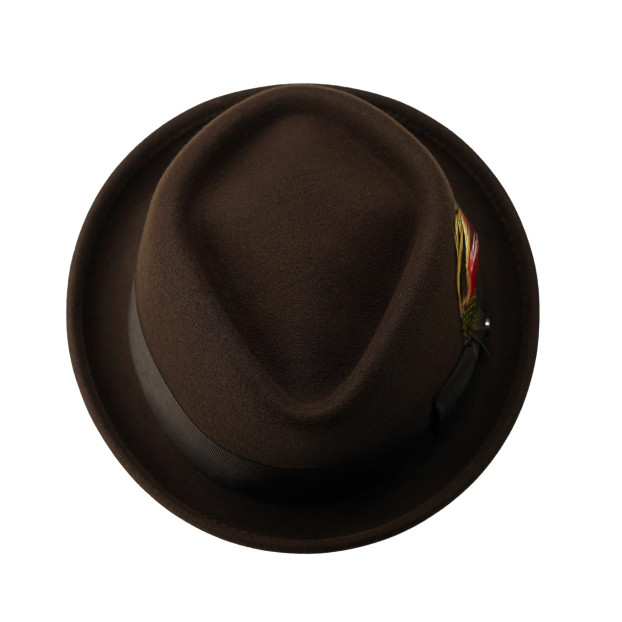 Gamble & Gunn New Orleans II Pork Pie Chapeau pour homme et femme – Chapeau couronne en feutre de laine marron avec doublure en satin, bandeau en cuir, accents de plumes