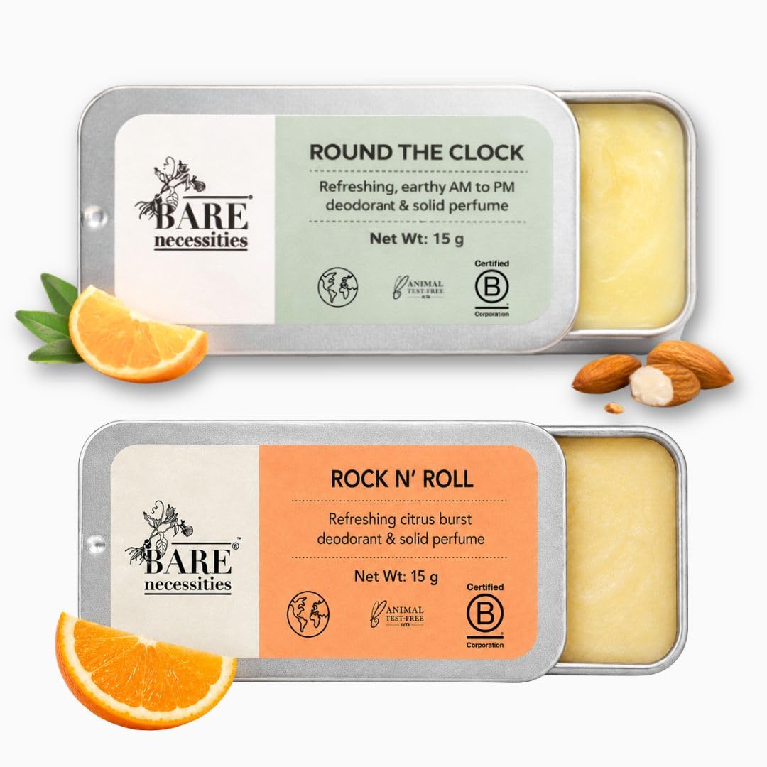 Bare Necessities Solid Deodorant Combo | Rock n Roll Citrus + Round The Clock Earthy Fragrance | Natural Odour Control | Aluminium & Paraben Free | Travel Size Mini Deodorant for Women & Men (15g x 2)-image-15