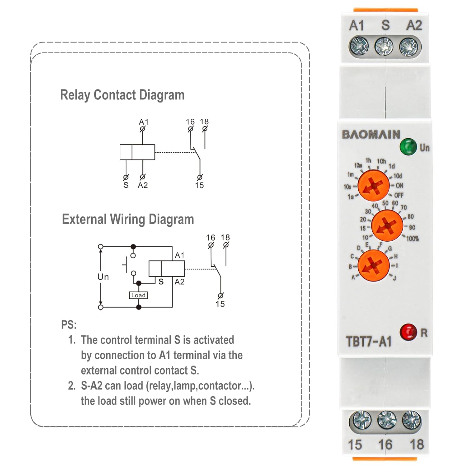 Baomain Multi-Function Time Relay, 16A SPDT 10-Functions, DIN Rail Mounting Timer Relay TBT7-A1 (1-SPDT, 12-240VAC/DC) (Pack of 4)