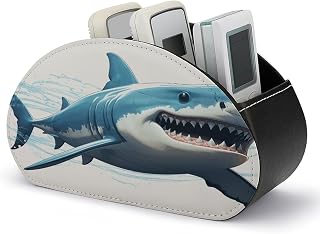 Blue Shark Remote Control Holder with 5 Compartments | PU Leather Caddy Storage Box, Multi-functional Office Desktop Organizer for Controller, Media Player, Makeup Brush, Glasses