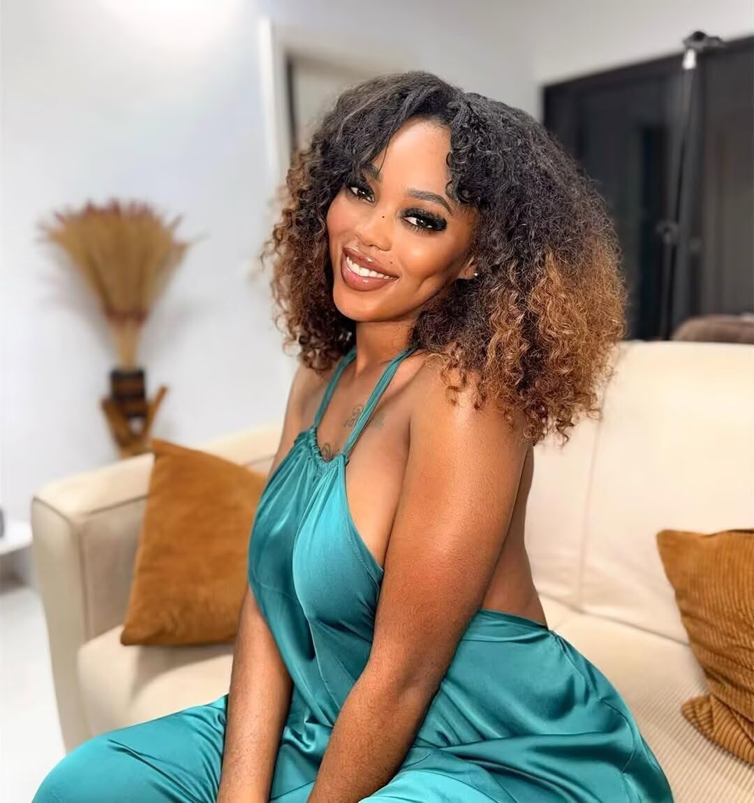 Ombre Brown Kinky Curly Transparent HD 13X4 Lace Front Wig Brazilian Human Hair 180% Density Short Bob Afro Curly Lace Frontal Glueless Wigs Pre Plucked Bleached Knots Deep Wave #1B/30 Color