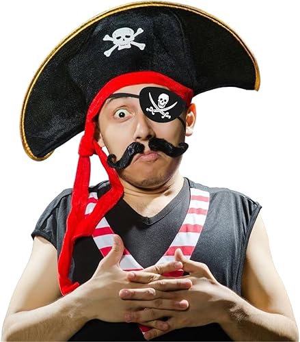 Miniatura 7 de D-Fokes 2 gorras de pirata con estampado de calavera y pirata, accesorios de pirata, sombrero de fiesta divertido para el Caribe, vestido elegante