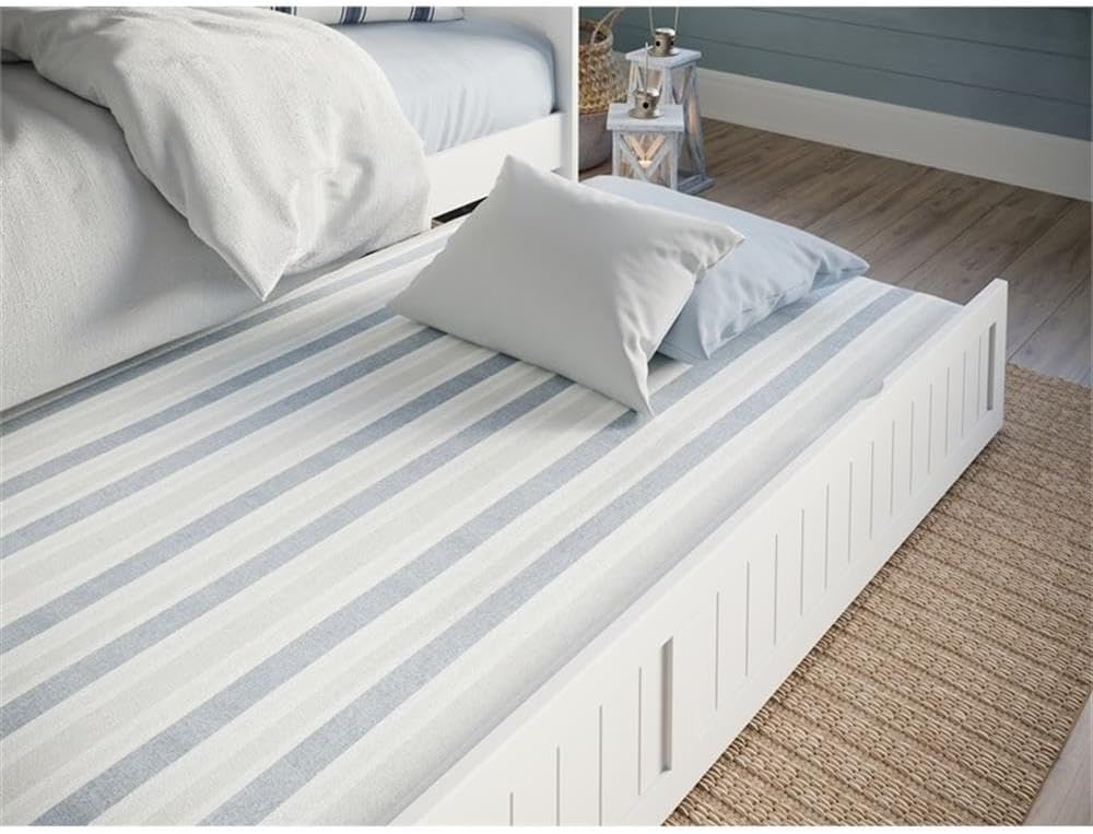 Pemberly Row Mid-Century Solid Wood Twin Daybed with Trundle, White Finish, 78.75 x 40 x 34.63 in, Tongue and Groove Beadboard Design, Durable Bed/Sofa for Guest Room or Kids' Room