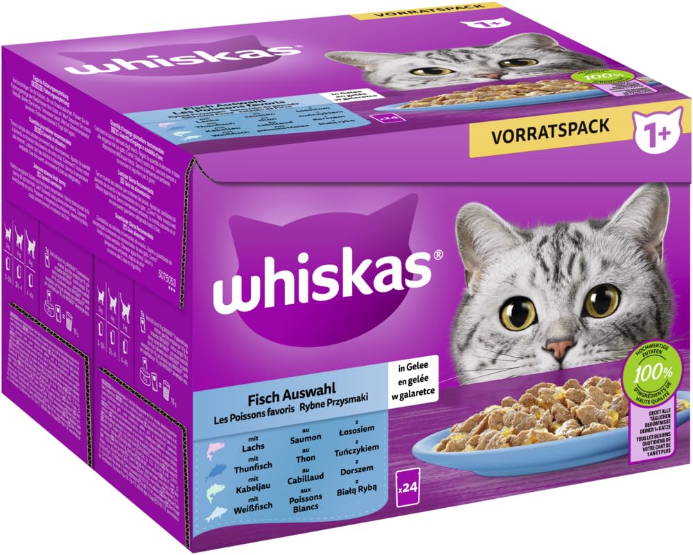 WHISKAS Multipack de 1 bolsas para porciones + pescado a elegir 4 variedades de salmón, atún, bacalao, pescado blanco en jalea, 24 x 85 g
