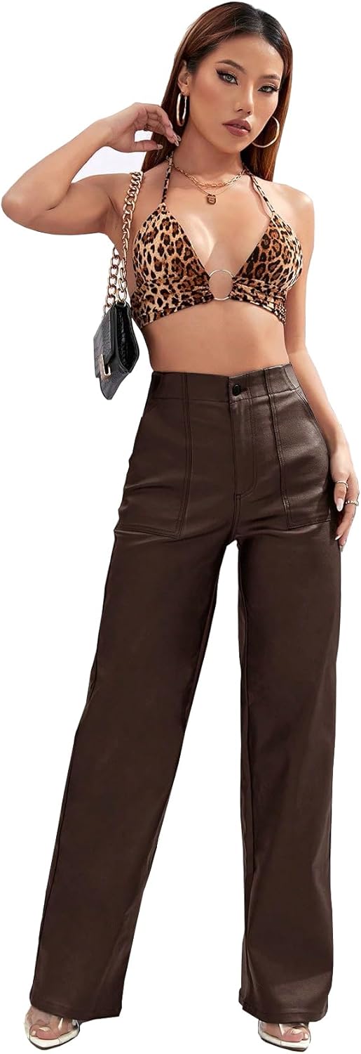 Faux Leather Pants High Waist Coated PU Button Straight Leather Black Leggings Wide Leg Pants with Pockets - Image 6