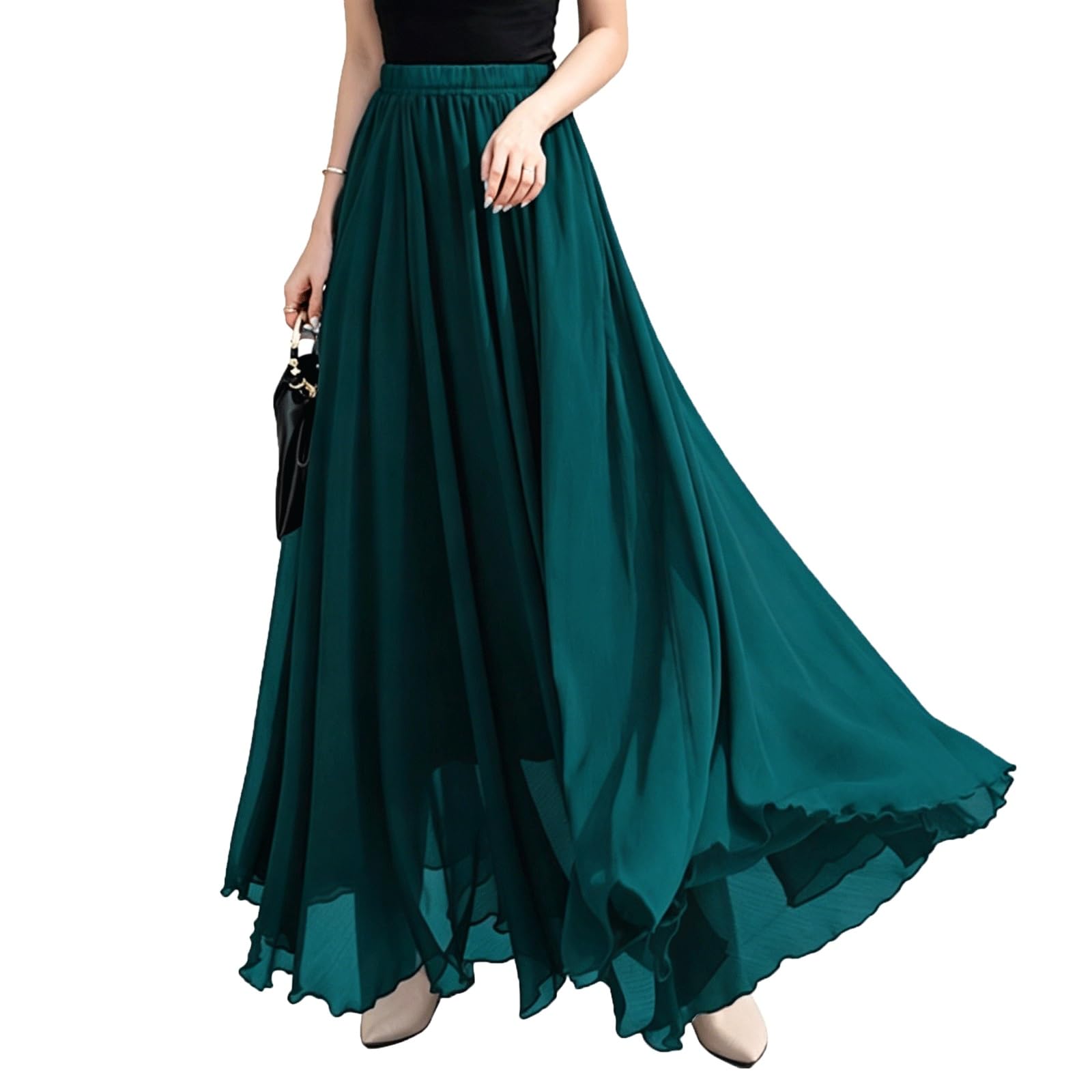 DUddTTW Solid Color Women's Maxi Skirts High Waisted Midi Swing Skirt Casual(Blu,Lagre)