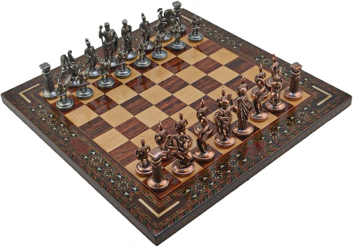 Historical Antique Copper Roman Figures Metal Chess Set for Adult,Handmade Cool Pieces and Medium Size Natural Solid Wooden Chessboard with Pearl Design Around Board (Rose)
