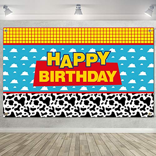 Blulu Decoração de festa de tema de história de desenho de brinquedo, bandeira pano de fundo de fotografia de tecido extra grande céu azul treliça para suprimentos de festa de aniversário crianças