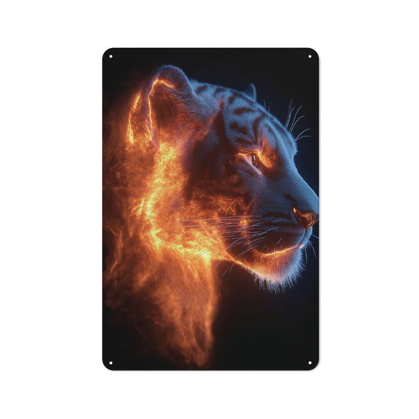 Junmoney Style-12 Metal Plaque 30X20cm With Fiery Tiger Portrait On Black Background For Pub Or Café, Vintage Decor, For Metal Sign Collectors, For Vintage Wall Decor Fans