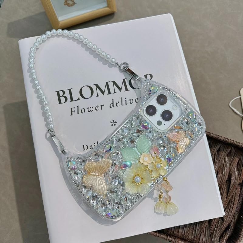 Butterfly Rhinestone Floral Sparkle Protective Shell, Shockproof Cover with Pearl Bracelet Handbag Style for 12 13 14 15 16 17 Pro Max (Blue,for iphone14 pro) image 5