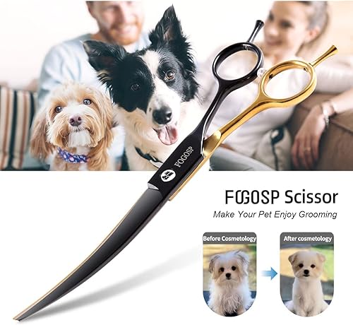 Miniatura 6 de FOGOSP Tijeras de aseo curvadas de dos colores negro y dorado para perros de 7.0 pulgadas, tijeras de aseo profesionales curvadas para perros