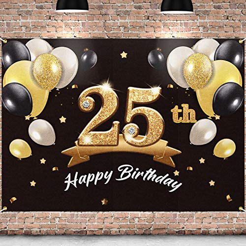 PAKBOOM Happy 25th Birthday Banner Backdrop - 25 Birthday Party Decorations Supplies for Men Him - Black Gold 4 x 6ft