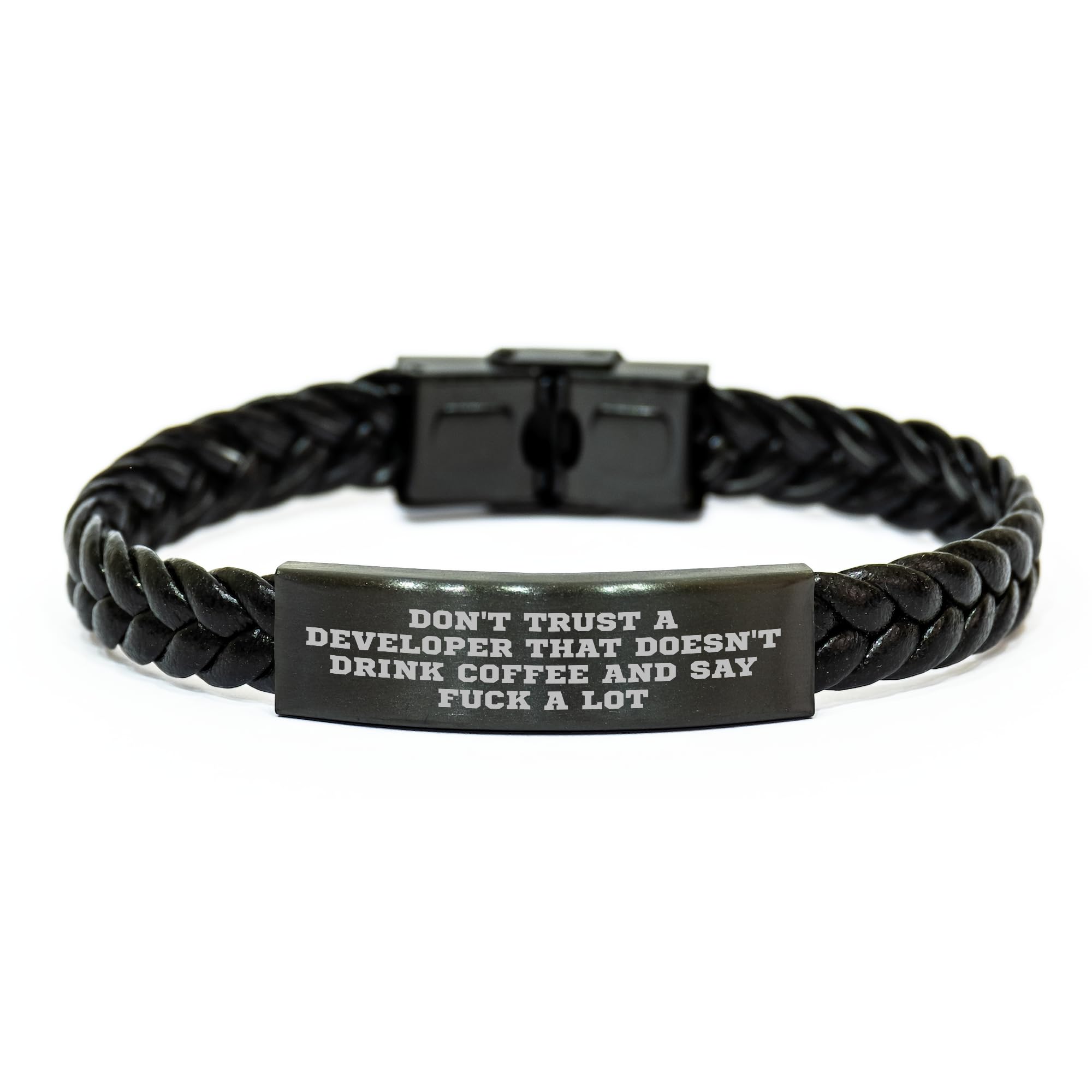 Funny Business Developer Gift, Don't Trust A Developer That Doesn't Drink Coffee And Say F-k A Lot, Braided Leather Strap, Christmas Unique Gifts from Men to Coworkers
