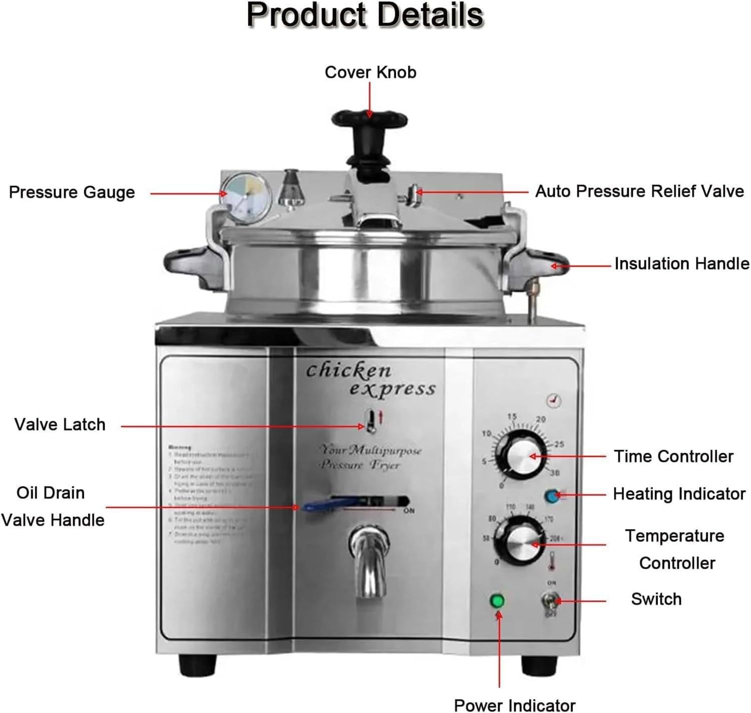 16L Electric Countertop Pressure Fryer, 304 Stainless Commercial Electric Countertop Pressure Air Fryer, Temperature Control 50-200°C, for Restaurant Snack Shops