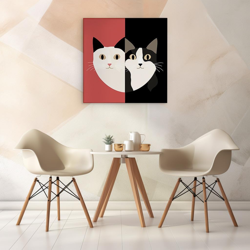 Canvas for Living room. Harmonious Contrast: A Tale of Two Cats in a Striking Yin Yang Visual Display, 27 x 18 inch Canvas Wall Art - Ready to Hang - 69x46 cm (27x18 inch)