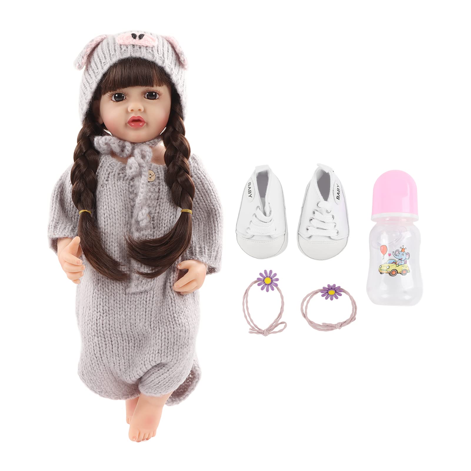 22 Zoll lebensechte Neugeborene Babypuppe, Ganzkörper-Silikon, handgefertigt, realistisches Babypuppen-Set mit Schnuller, Milchflasche, Schuhen für Rollenspiele, Sammlerstück,