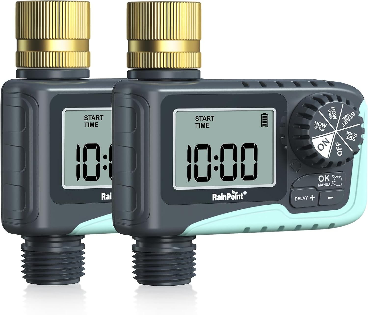 RainPoint 2-Pack Brass Sprinkler Timer for Garden Hose - Programmable Digital Hose Timer with Rain Delay, Manual Watering for Lawns